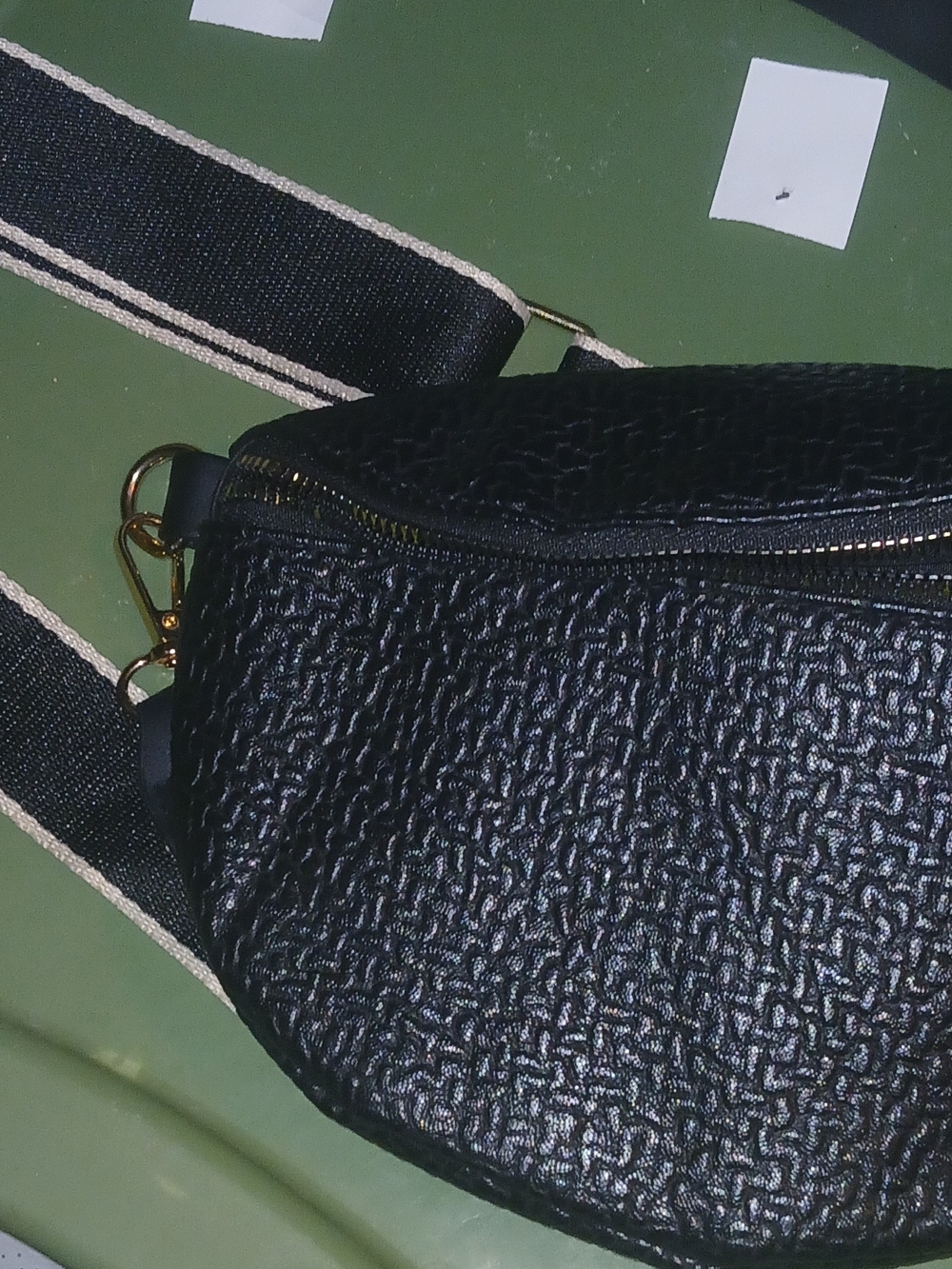 Black Textured Bum Bag with Striped Strap
